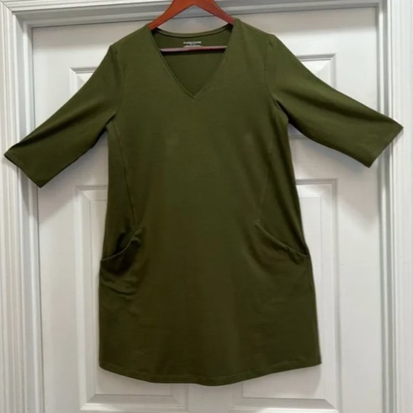 EILEEN FISHER Green Organic cotton Pocketed 3/4 Sleeve V Neck Shift Dress szPM - Picture 11 of 14